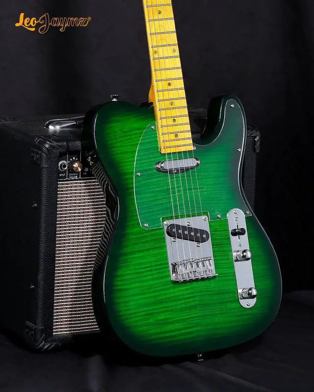 Alt view image 5 of 6 - TL Style Electric Guitar with Flame Maple Top - High Gloss Mahogany Body and Hard Maple Neck - High Transparent Acrylic Pickguard (Transparent Green)