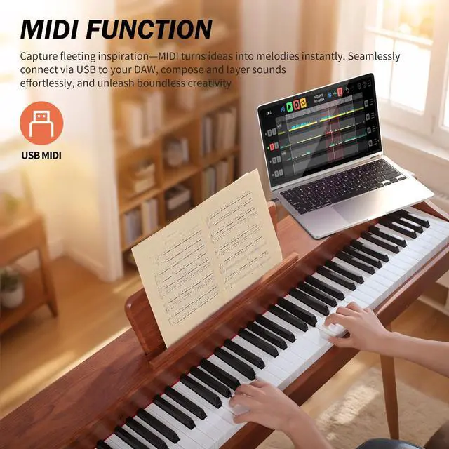 Alt view image 6 of 7 - Digital Piano 88-Key Hammer-action Weighted Keyboard | Full Size Wooden Electric Piano with Triple Pedal, Home Compact Design, MIDI/Headphone Connect, Gift for Beginners