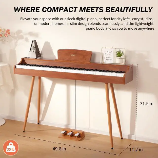 Alt view image 5 of 7 - Digital Piano 88-Key Hammer-action Weighted Keyboard | Full Size Wooden Electric Piano with Triple Pedal, Home Compact Design, MIDI/Headphone Connect, Gift for Beginners