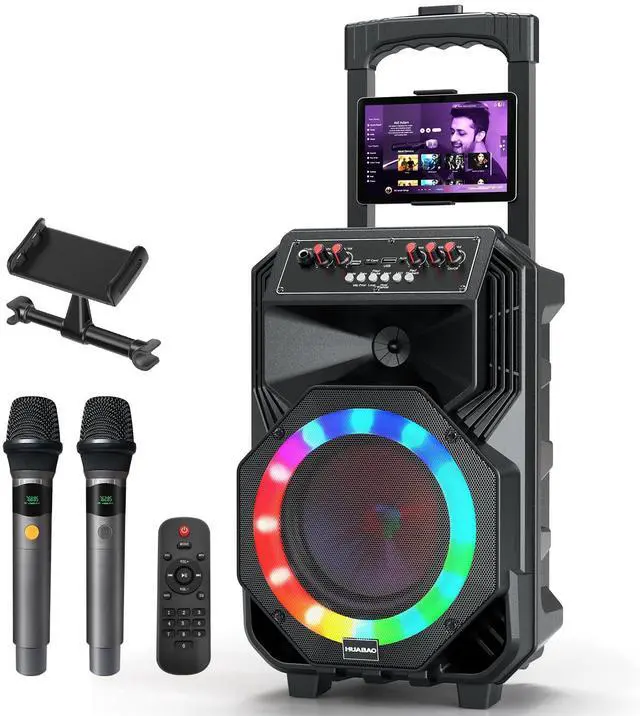 Main image of Karaoke Machine with 2 Wireless Microphones, Rolling Wheels, and Trolley 8800mAh Portable Bluetooth Speaker, PA System with Lights, Adjustable Bass/Treble/Echo for Parties, Indoor and Outdoor Use