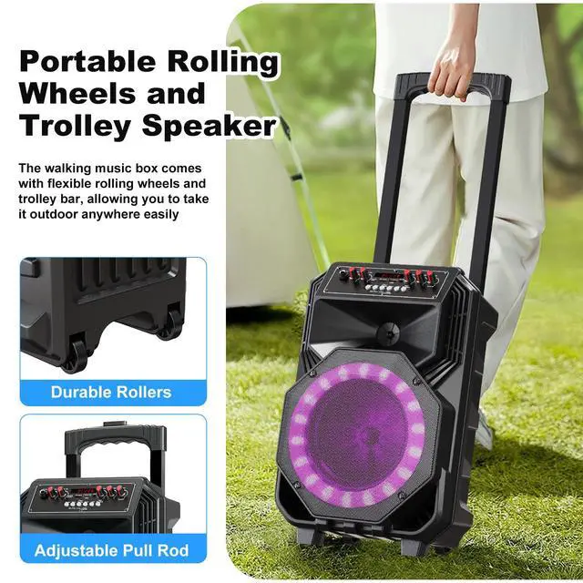 Alt view image 2 of 7 - Karaoke Machine with 2 Wireless Microphones, Rolling Wheels, and Trolley 8800mAh Portable Bluetooth Speaker, PA System with Lights, Adjustable Bass/Treble/Echo for Parties, Indoor and Outdoor Use