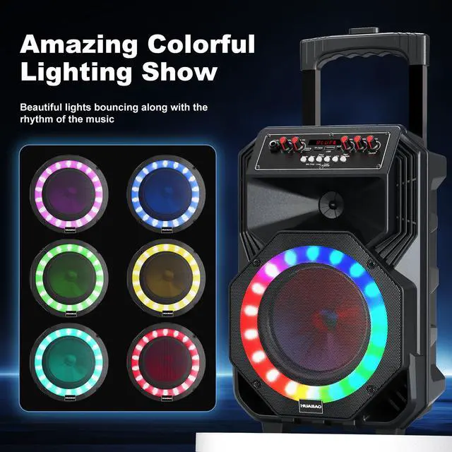 Alt view image 3 of 7 - Karaoke Machine with 2 Wireless Microphones, Rolling Wheels, and Trolley 8800mAh Portable Bluetooth Speaker, PA System with Lights, Adjustable Bass/Treble/Echo for Parties, Indoor and Outdoor Use