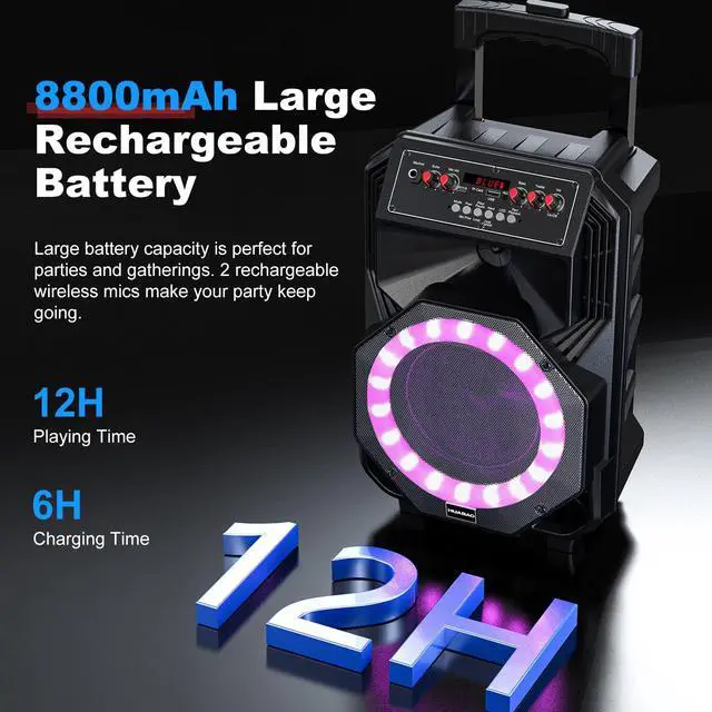 Alt view image 4 of 7 - Karaoke Machine with 2 Wireless Microphones, Rolling Wheels, and Trolley 8800mAh Portable Bluetooth Speaker, PA System with Lights, Adjustable Bass/Treble/Echo for Parties, Indoor and Outdoor Use