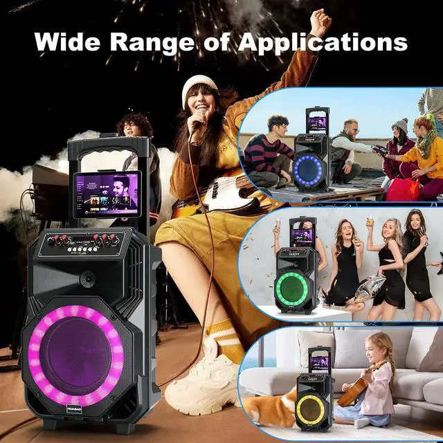 Alt view image 5 of 7 - Karaoke Machine with 2 Wireless Microphones, Rolling Wheels, and Trolley 8800mAh Portable Bluetooth Speaker, PA System with Lights, Adjustable Bass/Treble/Echo for Parties, Indoor and Outdoor Use