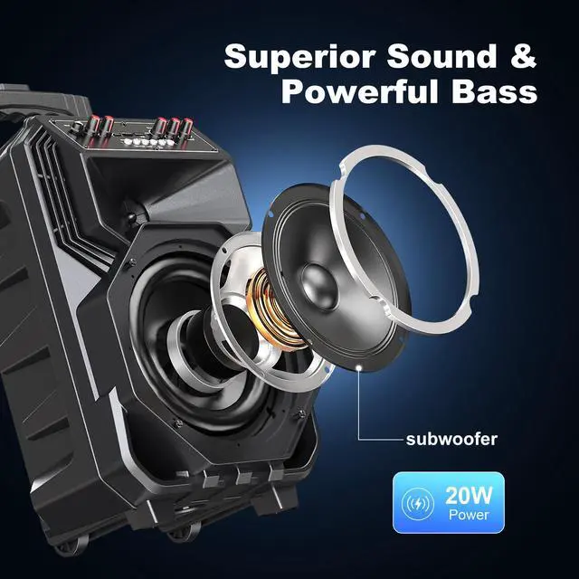 Alt view image 6 of 7 - Karaoke Machine with 2 Wireless Microphones, Rolling Wheels, and Trolley 8800mAh Portable Bluetooth Speaker, PA System with Lights, Adjustable Bass/Treble/Echo for Parties, Indoor and Outdoor Use