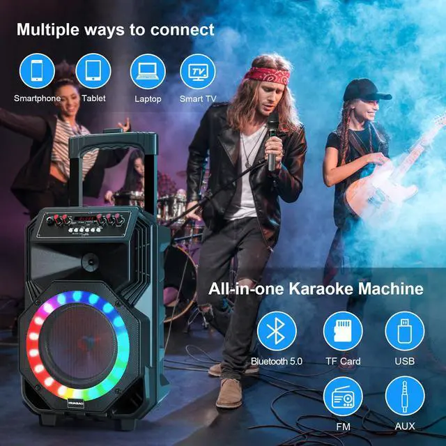 Alt view image 7 of 7 - Karaoke Machine with 2 Wireless Microphones, Rolling Wheels, and Trolley 8800mAh Portable Bluetooth Speaker, PA System with Lights, Adjustable Bass/Treble/Echo for Parties, Indoor and Outdoor Use