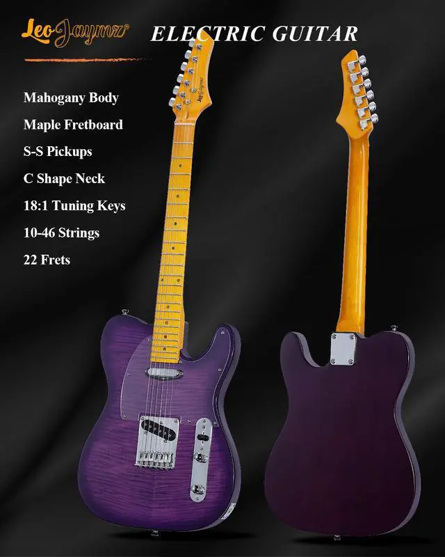 Alt view image 6 of 7 - TL Style Electric Guitar with Flame Maple Top - High Gloss Mahogany Body and Hard Maple Neck - High Transparent Acrylic Pickguard (Transparent Purple)