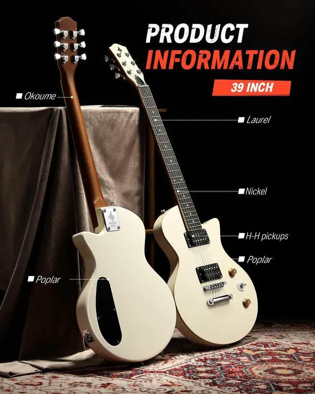 Alt view image 4 of 7 - DSC-128 Electric Guitar Beginner Kit 39" Full Size Solid Body H-H Pickups, C-Shape Neck with Gig Bag, Ideal for Rock Blues Practice, White