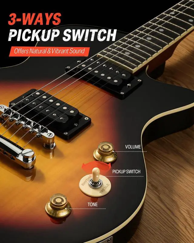 Alt view image 3 of 7 - 39" Electric Guitar Beginner Kits, Solid Body with Dual Humbucker Pickups, C-Neck Full Size Kit with Bag - Ideal for Starters and High-gain Rock, Sunburst