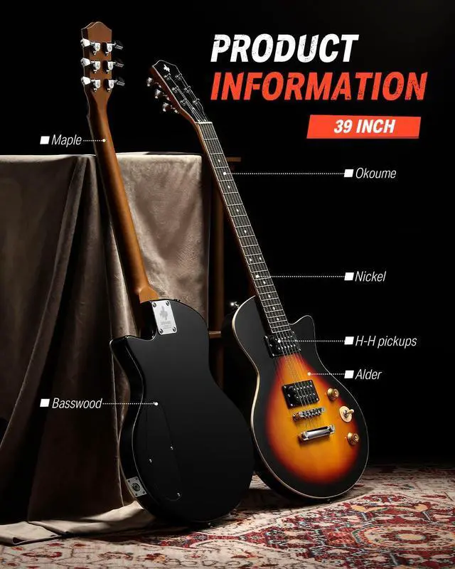 Alt view image 4 of 7 - 39" Electric Guitar Beginner Kits, Solid Body with Dual Humbucker Pickups, C-Neck Full Size Kit with Bag - Ideal for Starters and High-gain Rock, Sunburst