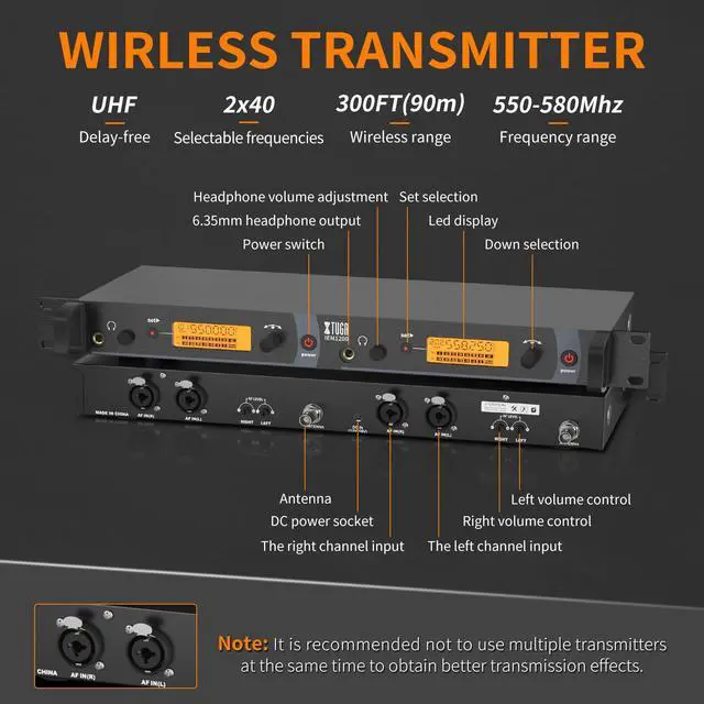 Alt view image 2 of 7 - IEM1200 UHF Mono Wireless in Ear Monitor System 2 Channel 5 Bodypacks Monitoring with in Earphone, 40 Frequencies, Rack Mountable, Up to 300Ft Operation, Suitable for Church and Band