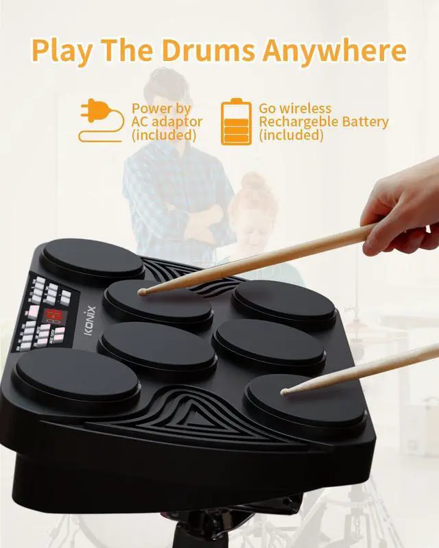 Alt view image 2 of 7 - Electronic Tabletop Drum Set, Portable Electric Drum Kit with 7 Velocity Sensitivity Drum Pads, LED Drum Light, USB-MIDI Mac & PC Support, Ideal Gift for Adult and Beginners