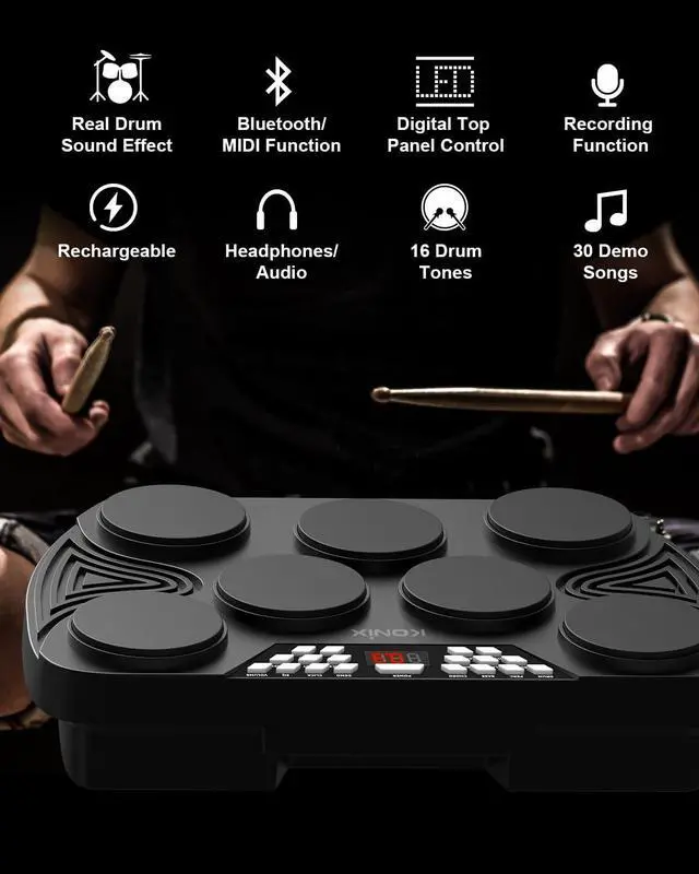 Alt view image 4 of 7 - Electronic Tabletop Drum Set, Portable Electric Drum Kit with 7 Velocity Sensitivity Drum Pads, LED Drum Light, USB-MIDI Mac & PC Support, Ideal Gift for Adult and Beginners