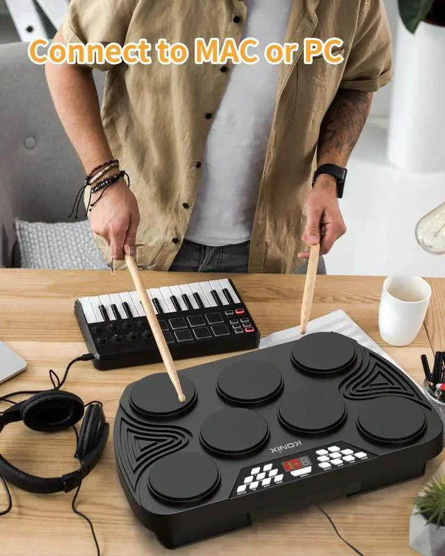 Alt view image 6 of 7 - Electronic Tabletop Drum Set, Portable Electric Drum Kit with 7 Velocity Sensitivity Drum Pads, LED Drum Light, USB-MIDI Mac & PC Support, Ideal Gift for Adult and Beginners