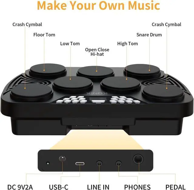 Alt view image 5 of 7 - Electronic Tabletop Drum Set, Portable Electric Drum Kit with 7 Velocity Sensitivity Drum Pads, LED Drum Light, USB-MIDI Mac & PC Support, Ideal Gift for Adult and Beginners