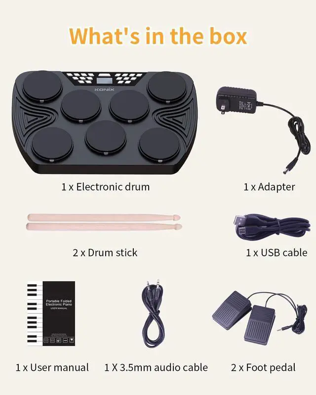 Alt view image 7 of 7 - Electronic Tabletop Drum Set, Portable Electric Drum Kit with 7 Velocity Sensitivity Drum Pads, LED Drum Light, USB-MIDI Mac & PC Support, Ideal Gift for Adult and Beginners