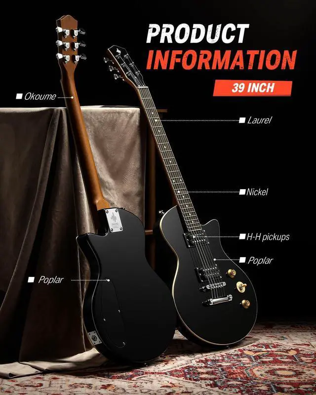 Alt view image 4 of 7 - 39" Electric Guitar, DLP-style with Dual Humbucker Pickups | Solid Poplar Body Full-size Beginner Kits with Gig Bag & Strap for Rock, Blues Practice (DSC-128/Black)