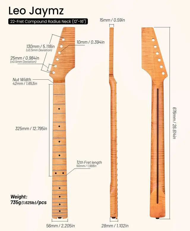 Alt view image 2 of 7 - Electric Guitar Neck, 12"-16" Compound Radius, One-Piece Flame Canadian Hard Maple, 22 Stainless Steel Frets (2.4x1.4mm), Oiled Bone Nut 42mm, Matte Finish
