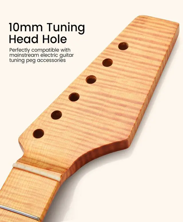 Alt view image 3 of 7 - Electric Guitar Neck, 12"-16" Compound Radius, One-Piece Flame Canadian Hard Maple, 22 Stainless Steel Frets (2.4x1.4mm), Oiled Bone Nut 42mm, Matte Finish