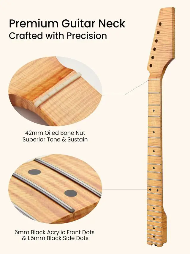Alt view image 4 of 7 - Electric Guitar Neck, 12"-16" Compound Radius, One-Piece Flame Canadian Hard Maple, 22 Stainless Steel Frets (2.4x1.4mm), Oiled Bone Nut 42mm, Matte Finish