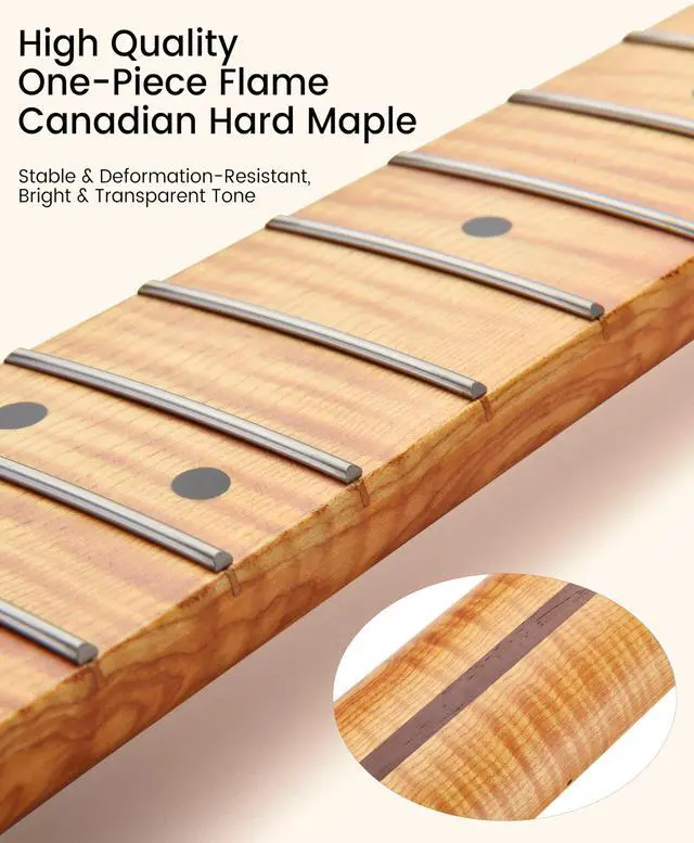 Alt view image 6 of 7 - Electric Guitar Neck, 12"-16" Compound Radius, One-Piece Flame Canadian Hard Maple, 22 Stainless Steel Frets (2.4x1.4mm), Oiled Bone Nut 42mm, Matte Finish