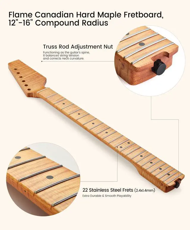 Alt view image 5 of 7 - Electric Guitar Neck, 12"-16" Compound Radius, One-Piece Flame Canadian Hard Maple, 22 Stainless Steel Frets (2.4x1.4mm), Oiled Bone Nut 42mm, Matte Finish