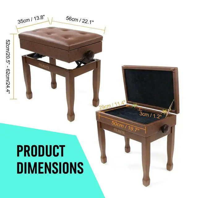Alt view image 2 of 5 - Adjustable Height Piano Stool Bench PU Leather Cushion Wooden Keyboard Seat with Music Storage (Wood)