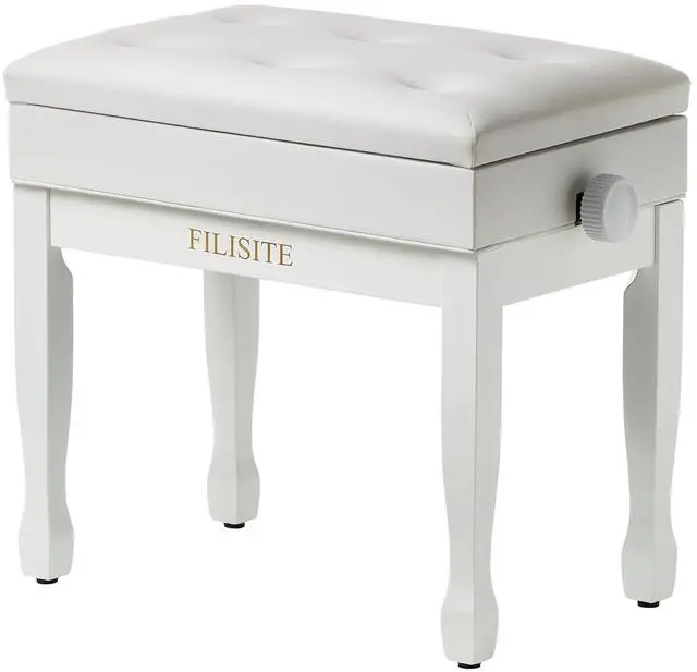Main image of Adjustable Height Piano Bench Stool PU Leather Cushion Wooden Keyboard Seat with Music Storage (White)