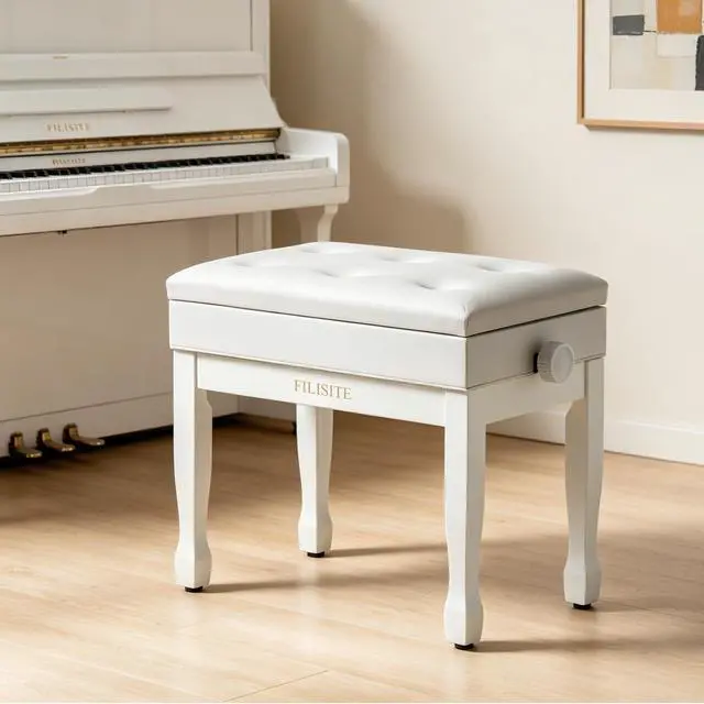 Alt view image 2 of 7 - Adjustable Height Piano Bench Stool PU Leather Cushion Wooden Keyboard Seat with Music Storage (White)