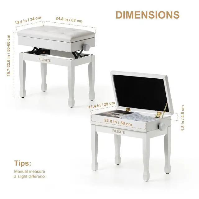 Alt view image 3 of 7 - Adjustable Height Piano Bench Stool PU Leather Cushion Wooden Keyboard Seat with Music Storage (White)