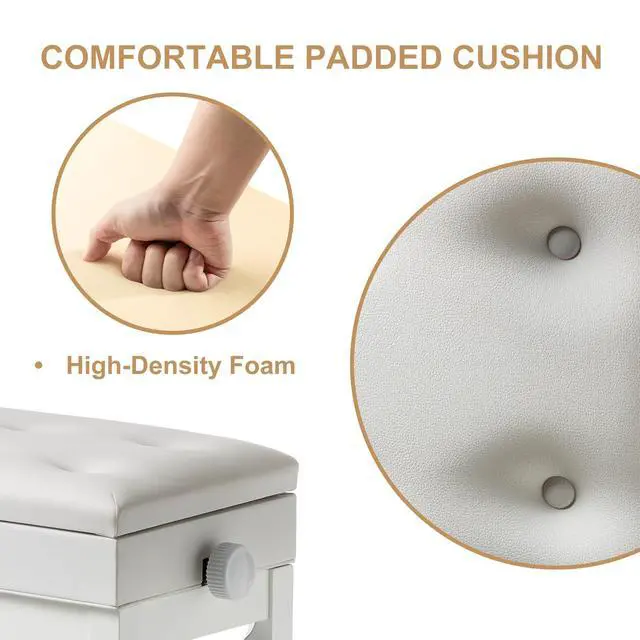 Alt view image 6 of 7 - Adjustable Height Piano Bench Stool PU Leather Cushion Wooden Keyboard Seat with Music Storage (White)