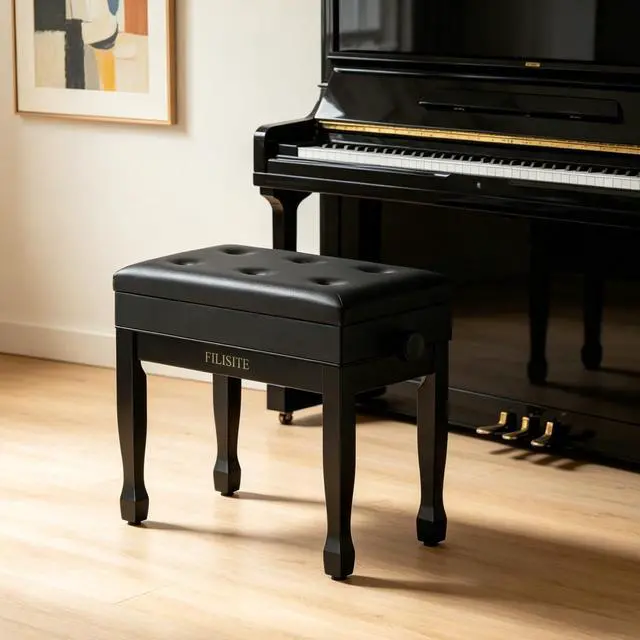 Alt view image 2 of 7 - Adjustable Height Piano Bench Stool PU Leather Cushion Wooden Keyboard Seat with Music Storage (Black)