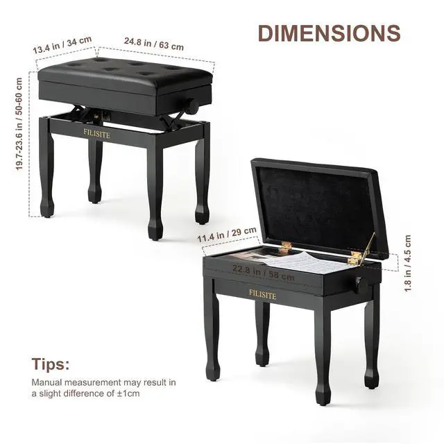 Alt view image 3 of 7 - Adjustable Height Piano Bench Stool PU Leather Cushion Wooden Keyboard Seat with Music Storage (Black)