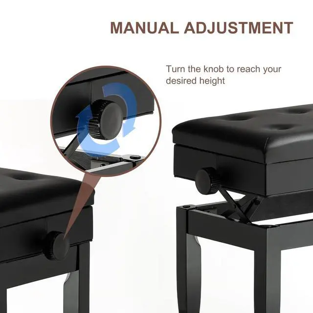 Alt view image 4 of 7 - Adjustable Height Piano Bench Stool PU Leather Cushion Wooden Keyboard Seat with Music Storage (Black)