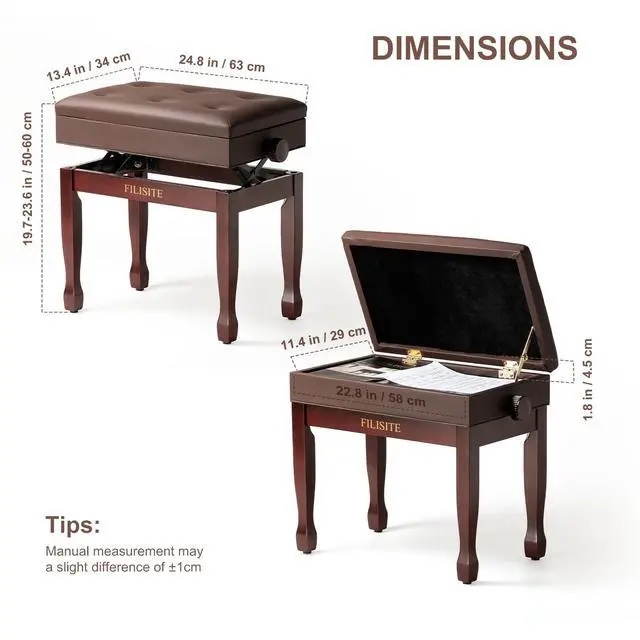 Alt view image 3 of 7 - Adjustable Height Piano Bench Stool PU Leather Cushion Wooden Keyboard Seat with Music Storage (Brown)