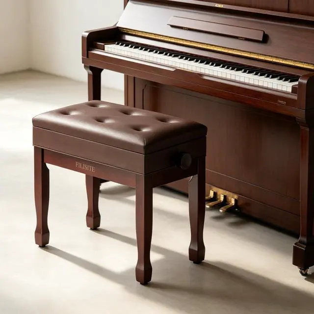 Alt view image 2 of 7 - Adjustable Height Piano Bench Stool PU Leather Cushion Wooden Keyboard Seat with Music Storage (Brown)