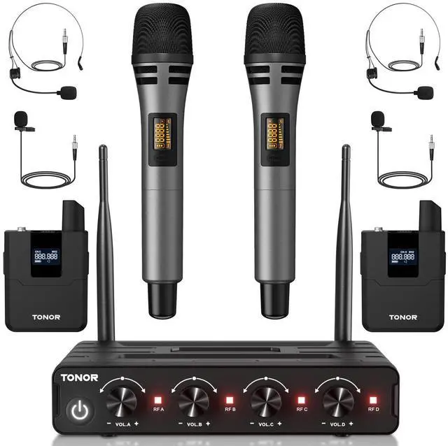 Main image of Wireless Microphone System, 4 * 10-Channel UHF Cordless Handheld Mic Set with Headset/Lavalier Lapel Mics, Bodypack Transmitter, Receiver, 60 m/200ft Range for Karaoke Singing Church PA Speaker