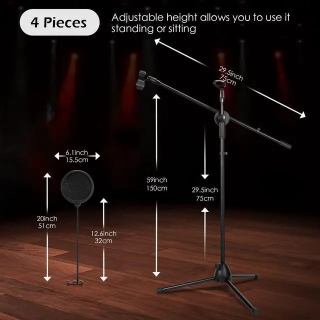 Alt view image 2 of 7 - 4 Pcs Tripod Microphone Stand Adjustable Boom Height Mic Stand with Mic Clip and Windscreen for Live Stream, Singing, Stage Performance, Studio, Max Height 60 Inch