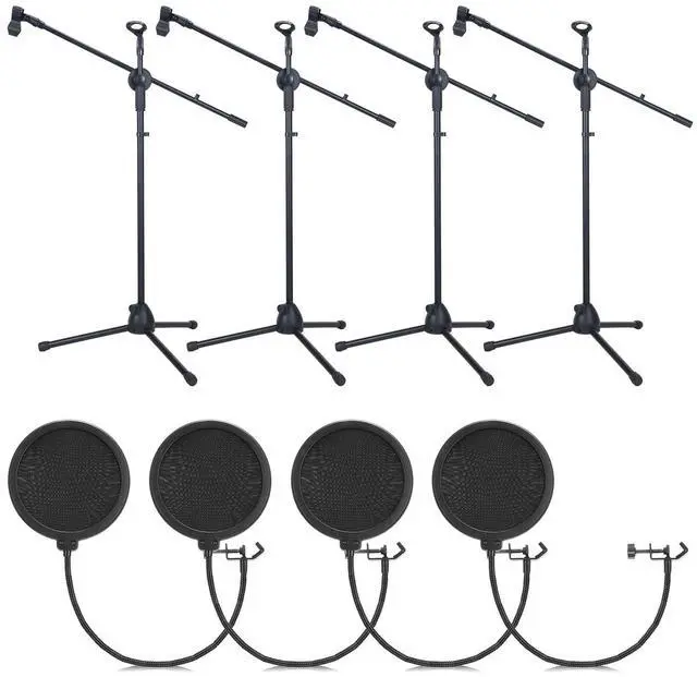 Main image of 4 Pcs Tripod Microphone Stand Adjustable Boom Height Mic Stand with Mic Clip and Windscreen for Live Stream, Singing, Stage Performance, Studio, Max Height 60 Inch