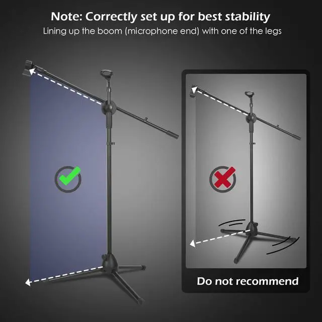 Alt view image 4 of 7 - 4 Pcs Tripod Microphone Stand Adjustable Boom Height Mic Stand with Mic Clip and Windscreen for Live Stream, Singing, Stage Performance, Studio, Max Height 60 Inch