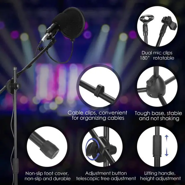 Alt view image 3 of 7 - 4 Pcs Tripod Microphone Stand Adjustable Boom Height Mic Stand with Mic Clip and Windscreen for Live Stream, Singing, Stage Performance, Studio, Max Height 60 Inch