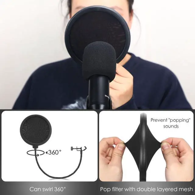 Alt view image 5 of 7 - 4 Pcs Tripod Microphone Stand Adjustable Boom Height Mic Stand with Mic Clip and Windscreen for Live Stream, Singing, Stage Performance, Studio, Max Height 60 Inch