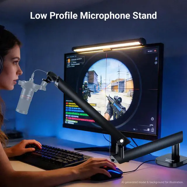 Alt view image 2 of 7 - Low Profile Mic Boom Arm Desk Mount, Microphone Boom Arm with 360° Ball Head & Cable Management Channels, 1/4" 3/8" 5/8" Threads for Podcast Streaming Gaming Recording, Max Load 3.3 lb, MS007