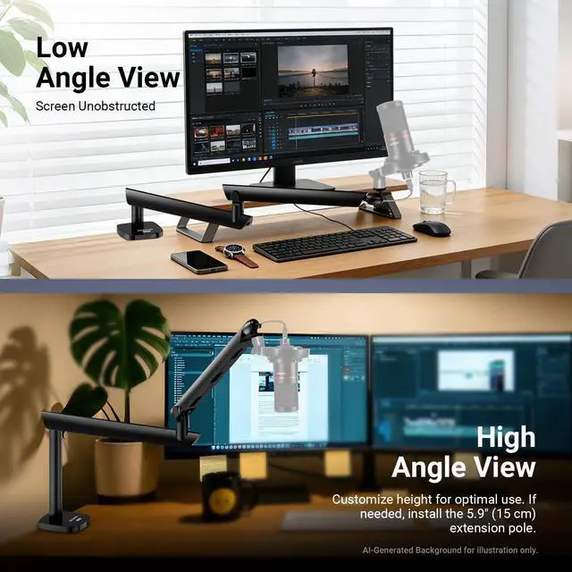 Alt view image 3 of 7 - Low Profile Mic Boom Arm Desk Mount, Microphone Boom Arm with 360° Ball Head & Cable Management Channels, 1/4" 3/8" 5/8" Threads for Podcast Streaming Gaming Recording, Max Load 3.3 lb, MS007