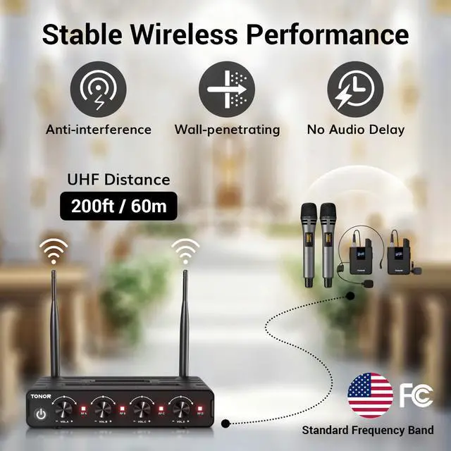 Alt view image 3 of 7 - Wireless Microphone System, 4 * 10-Channel UHF Cordless Handheld Mic Set with Headset/Lavalier Lapel Mics, Bodypack Transmitter, Receiver, 60 m/200ft Range for Karaoke Singing Church PA Speaker