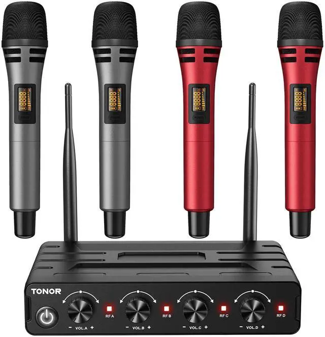 Main image of Wireless Microphones System with 4x10 Channels Cordless Handheld Microfono Inalambrico, UHF Mics with Stable Signal Transmission for Karaoke Singing Party Church Wedding 60 m/200ft Red