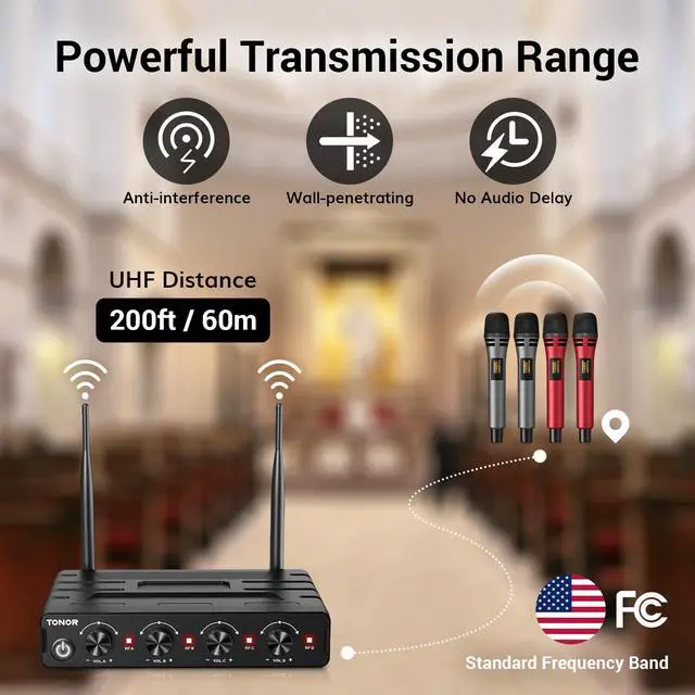Alt view image 3 of 7 - Wireless Microphones System with 4x10 Channels Cordless Handheld Microfono Inalambrico, UHF Mics with Stable Signal Transmission for Karaoke Singing Party Church Wedding 60 m/200ft Red