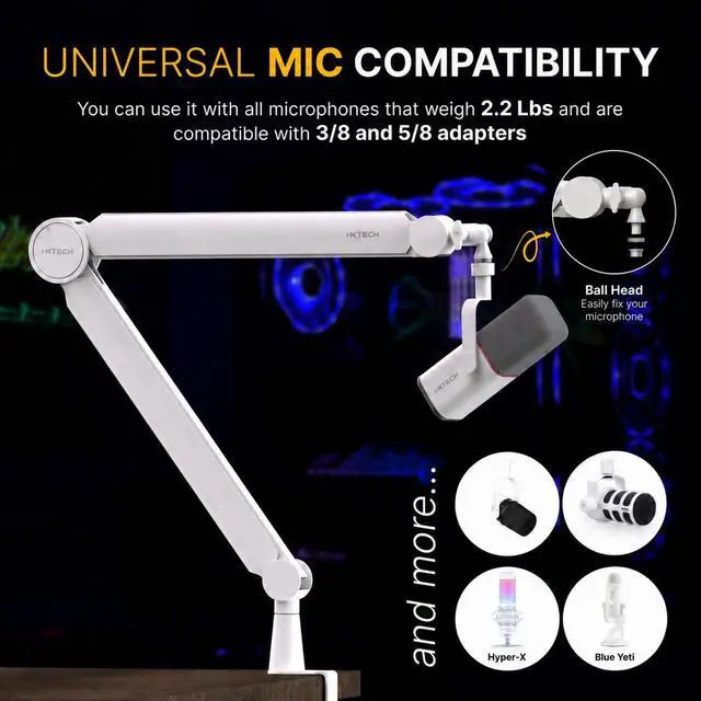 Alt view image 2 of 7 - Mic Arm White Premium Boom Arm 360° Rotatable Microphone Arm Stand with Desk Mount Fully Adjustable Sturdy and Universal VALIANT WHITE Model