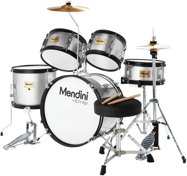 Main image of 5 Piece 16 Inch Junior Drums Set - Metallic Silver | Drum Set with Bass, Toms, Snare Drum, Cymbal, Hi-Hat, Drumsticks & Adjustable Padded Seat for Beginner