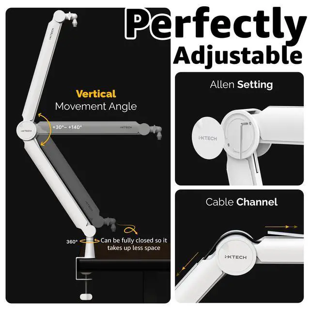 Alt view image 7 of 7 - Mic Arm White Premium Boom Arm 360° Rotatable Microphone Arm Stand with Desk Mount Fully Adjustable Sturdy and Universal VALIANT WHITE Model